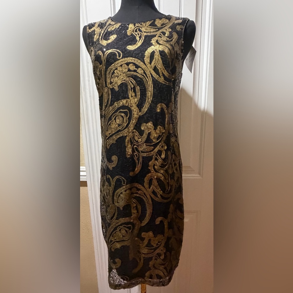 Mark and James Badgley Mischka Black and Gold Sequin Dress